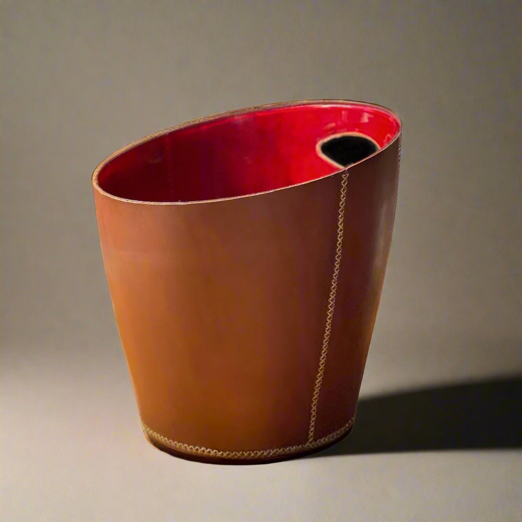 Natural Brown Leather Wastebasket | Leather Trash Can | Leather Accessories | Luxurious Wastebin | Leather Tray | Leather Vase | Leather Home Goods | Bati Goods