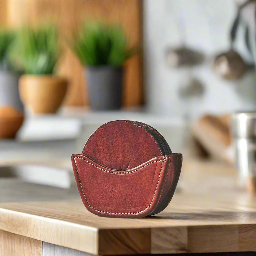 Natural Brown Leather Coaster Set | Leather Coasters | Bartender Accessories | Leather Cocktail Shaker | Cocktail Shaker | Wine Bag | Wine Bucket | Ice Bucket | Leather Accessories | Martini Shaker | Bati Leather Goods