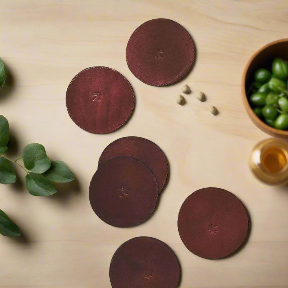 Natural Brown Leather Coaster Set | Leather Coasters | Bartender Accessories | Leather Cocktail Shaker | Cocktail Shaker | Wine Bag | Wine Bucket | Ice Bucket | Leather Accessories | Martini Shaker | Bati Leather Goods