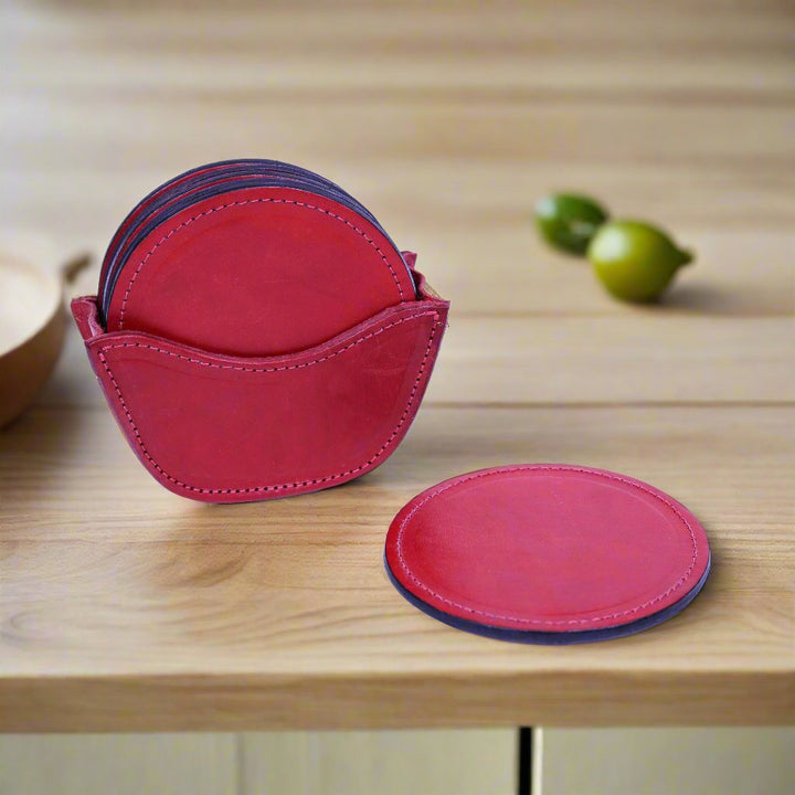 Natural Red Leather Coaster Set | Leather Coasters | Bartender Accessories | Leather Cocktail Shaker | Cocktail Shaker | Wine Bag | Wine Bucket | Ice Bucket | Leather Accessories | Martini Shaker | Bati Leather Goods