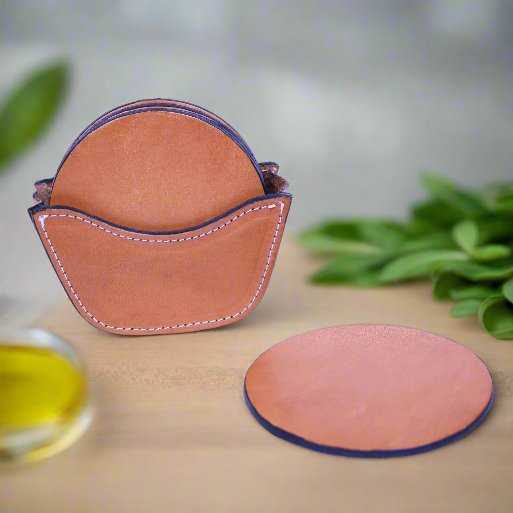 Natural Leather Coaster Set | Leather Coasters | Bartender Accessories | Leather Cocktail Shaker | Cocktail Shaker | Wine Bag | Wine Bucket | Ice Bucket | Leather Accessories | Martini Shaker | Bati Leather Goods