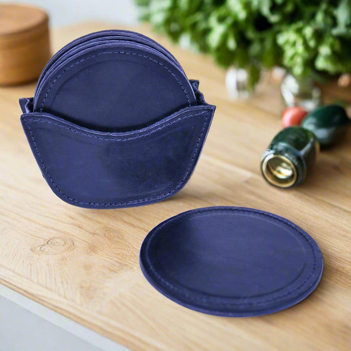 Natural Black Leather Coaster Set | Leather Coasters | Bartender Accessories | Leather Cocktail Shaker | Cocktail Shaker | Wine Bag | Wine Bucket | Ice Bucket | Leather Accessories | Martini Shaker | Bati Leather Goods