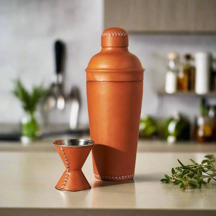 Natural Leather Cocktail Shaker Set | Bartender Shaker Set | Leather Cooler | Leather Cooler Bag | Leather Bag | Leather Wine Bag | Leather Caddy | Bartender Accessories | Leather Martini Shaker | Interior Design | Home Decor | Bati Leather Goods