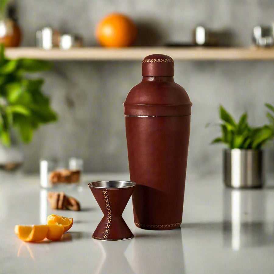 Natural Brown Leather Cocktail Shaker | Bartender Shaker Set | Leather Cooler | Leather Cooler Bag | Leather Bag | Leather Wine Bag | Leather Caddy | Bartender Accessories | Leather Martini Shaker | Interior Design | Home Decor | Bati Leather Goods