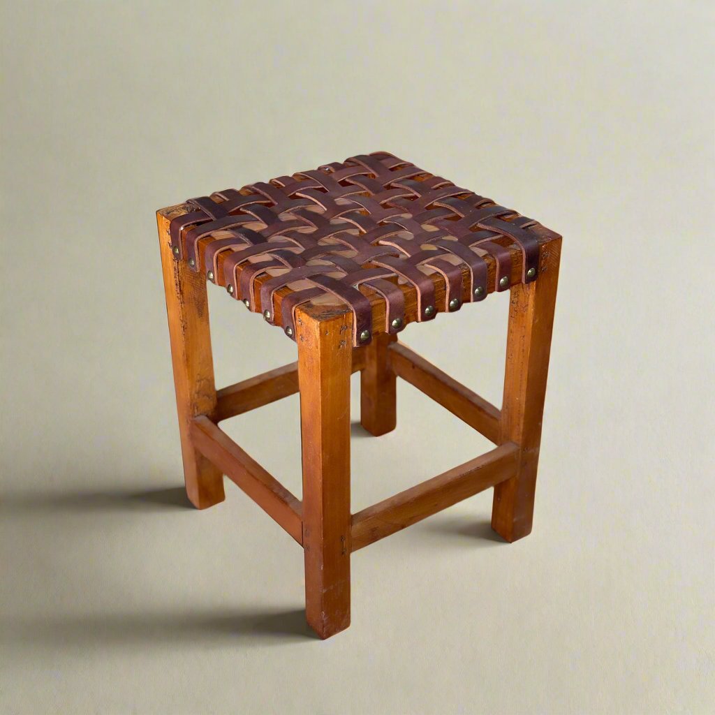 Brown Leather Woven Stool | Leather Stool | Foot Stool | Leather Furniture | Leather Chair | Picnic Stool | Outdoor Stool | Bar Stool | Leather Bar Stool | Interior Design | Leather Accessories