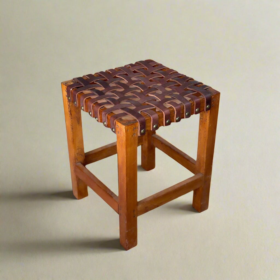 Brown Leather Woven Stool | Leather Stool | Foot Stool | Leather Furniture | Leather Chair | Picnic Stool | Outdoor Stool | Bar Stool | Leather Bar Stool | Interior Design | Leather Accessories