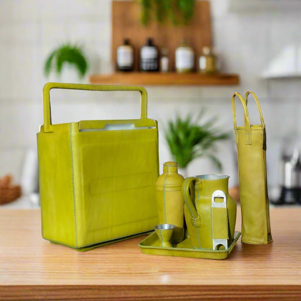 Natural Green Leather Cocktail Shaker Set | Bartender Shaker Set | Leather Cooler | Leather Cooler Bag | Leather Bag | Leather Wine Bag | Leather Caddy | Bartender Accessories | Leather Martini Shaker | Interior Design | Home Decor | Bati Leather Goods