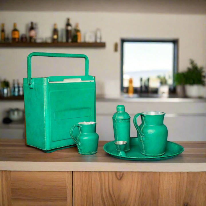 Natural Teal Leather Cocktail Shaker Set | Bartender Shaker Set | Leather Cooler | Leather Cooler Bag | Leather Bag | Leather Wine Bag | Leather Caddy | Bartender Accessories | Leather Martini Shaker | Interior Design | Home Decor | Bati Leather Goods