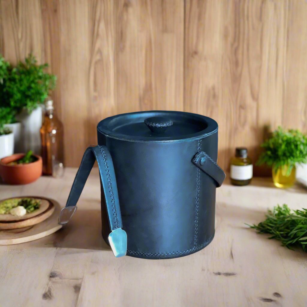 Natural Black Leather Ice Bucket with Tongs | Bati Leather Goods | Leather Wine Bucket | Wine Accessories | Leather Barware | Leather Cocktail Shaker | Leather Martini Shaker | Leather Tongs | Leather Jigger | Leather Bucket | Leather Furniture | Interior Design | Home Decor