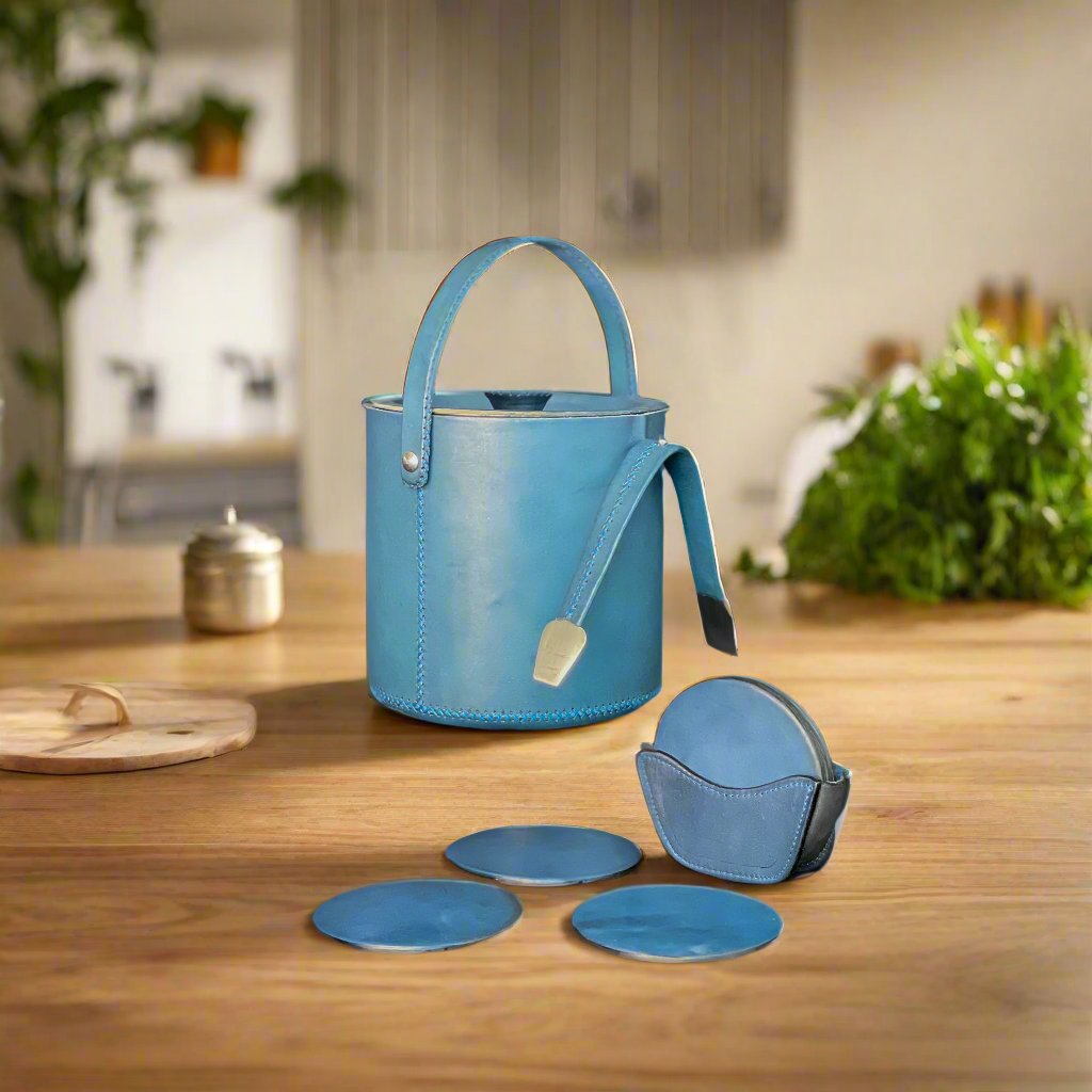 Natural Blue Leather Coaster Set | Leather Coasters | Bartender Accessories | Leather Cocktail Shaker | Cocktail Shaker | Wine Bag | Wine Bucket | Ice Bucket | Leather Accessories | Martini Shaker | Bati Leather Goods