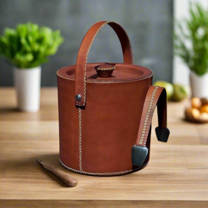 Natural Brown Leather Ice Bucket with Tongs | Bati Leather Goods | Leather Wine Bucket | Wine Accessories | Leather Barware | Leather Cocktail Shaker | Leather Martini Shaker | Leather Tongs | Leather Jigger | Leather Bucket | Leather Furniture | Interior Design | Home Decor