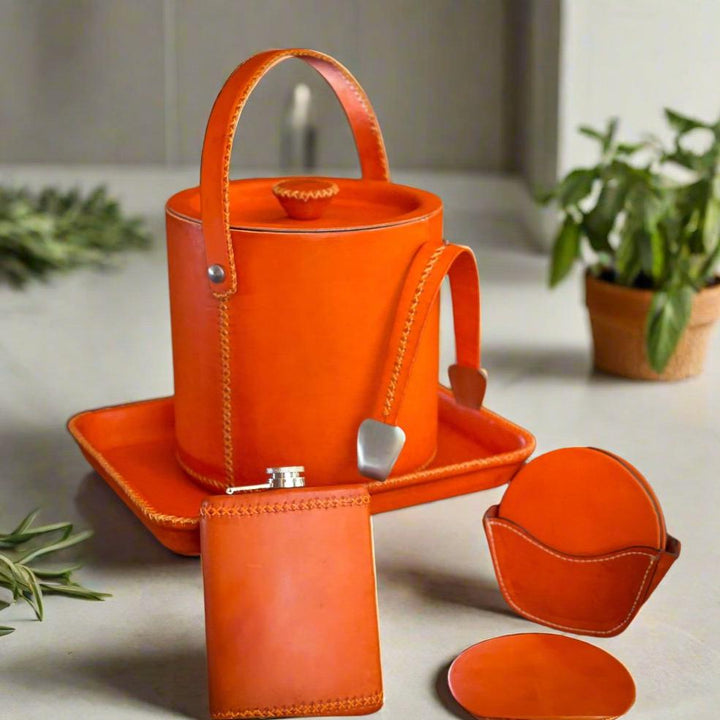 Natural Orange Leather Coaster Set | Leather Coasters | Bartender Accessories | Leather Cocktail Shaker | Cocktail Shaker | Wine Bag | Wine Bucket | Ice Bucket | Leather Accessories | Martini Shaker | Bati Leather Goods