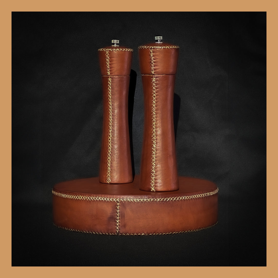 Natural Brown Leather Salt and Pepper Mills | Leather Accessories | Leather Home Goods | Home Decor | Interior Design | Salt and Pepper Shakers | Leather Salt and Pepper Shakers | Leather Spice Mill | Leather Salt Shaker