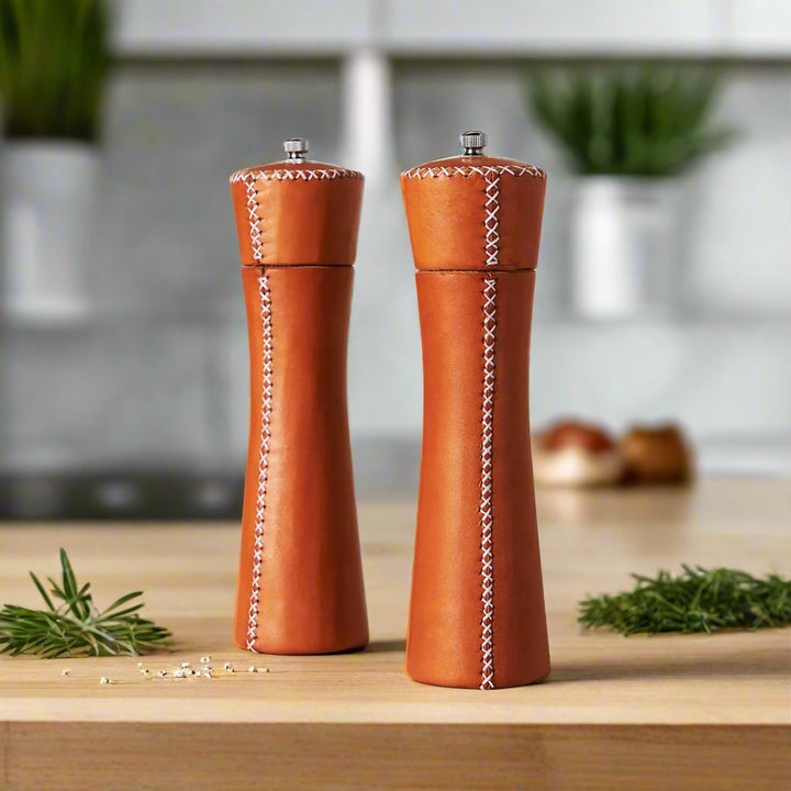 Natural Leather Salt and Pepper Mills | Leather Accessories | Leather Home Goods | Home Decor | Interior Design | Salt and Pepper Shakers | Leather Salt and Pepper Shakers | Leather Spice Mill | Leather Salt Shaker
