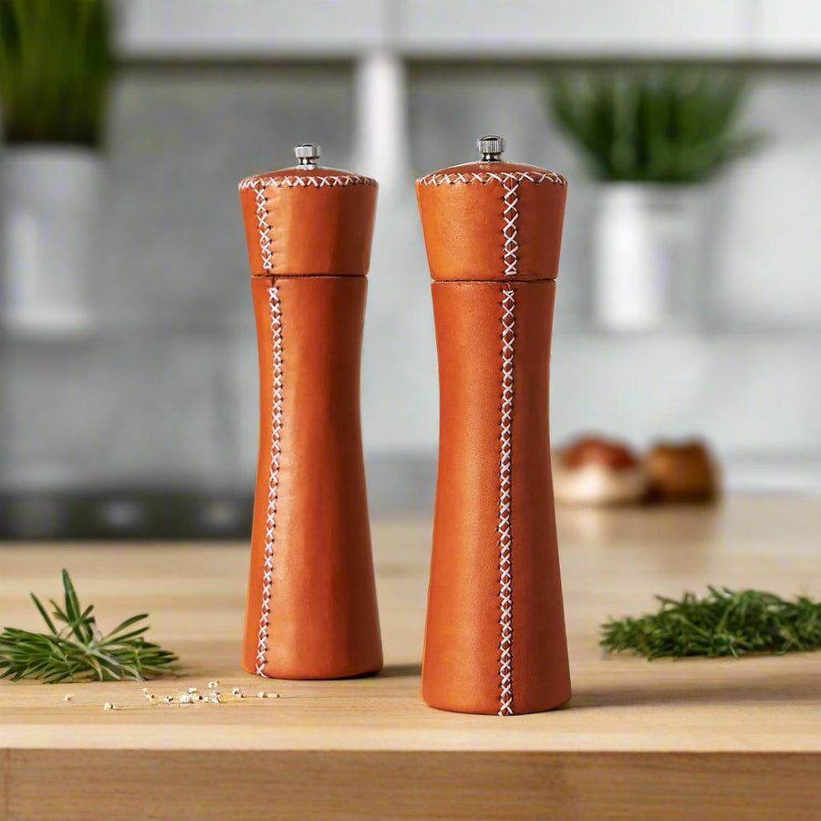 Natural Leather Salt and Pepper Mills | Leather Accessories | Leather Home Goods | Home Decor | Interior Design | Salt and Pepper Shakers | Leather Salt and Pepper Shakers | Leather Spice Mill | Leather Salt Shaker