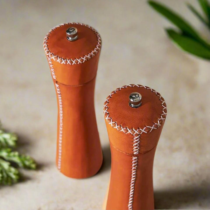 Natural Leather Salt and Pepper Mills | Leather Accessories | Leather Home Goods | Home Decor | Interior Design | Salt and Pepper Shakers | Leather Salt and Pepper Shakers | Leather Spice Mill | Leather Salt Shaker