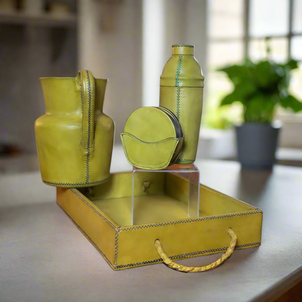 Natural Green Leather Coaster Set | Leather Coasters | Bartender Accessories | Leather Cocktail Shaker | Cocktail Shaker | Wine Bag | Wine Bucket | Ice Bucket | Leather Accessories | Martini Shaker | Bati Leather Goods