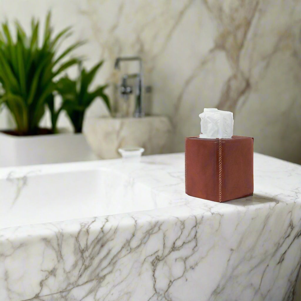 Natural Brown Leather Tissue Box Cover | Tissue Cover | Leather Tissue Holder | Leather Trays | Leather Furniture | Leather Barwares | Leather Cooler | Leather Cocktail Shaker | Leather Accessories | Home Accessories