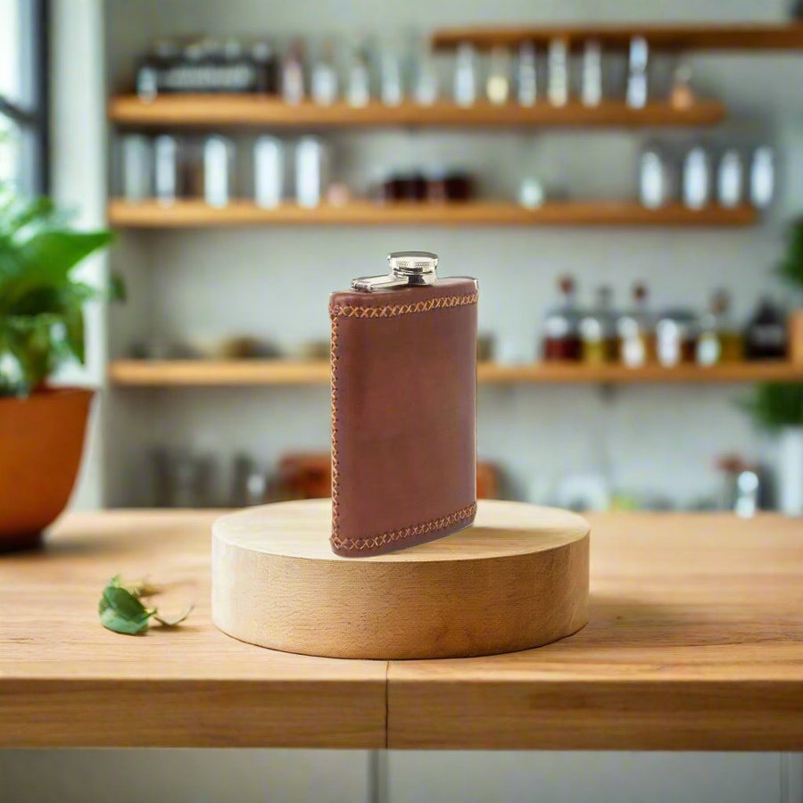 Natural Brown Leather Flask | Mens Gifts | Leather Flasks | Leather Cup | Leather Tumbler | Leather Drink Holder | Bartender Accessories | Best Flask | Best Leather Flask | Bar Accessories | Cocktail Shaker | Leather furniture | Bati Goods