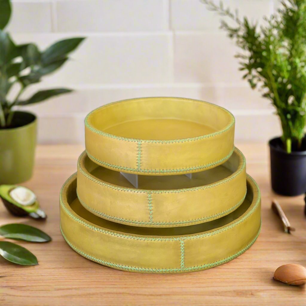 Natural Green Round Leather Tray | Cedar Leather Tray | Leather Serving Tray | Serving Tray | Ottoman Tray | Catch all | Valet Tray | Home Decor | Home and Garden | Tablewares | Leather Accessories | Leather Vase | Leather Lamp | Leather Candles