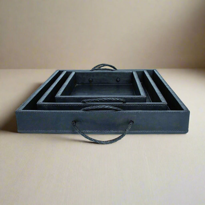 Natural Black Leather Ottoman Tray Set | Leather Trays | Natural Leather Tray | Ottoman Tray | Serving Tray | Coffee Table Tray | Bar Tray | Leather Chair |Leather Home Goods | Leather Accessories | Leather Furniture | leather accessories | Mens Gifts | Bati Leather Goods