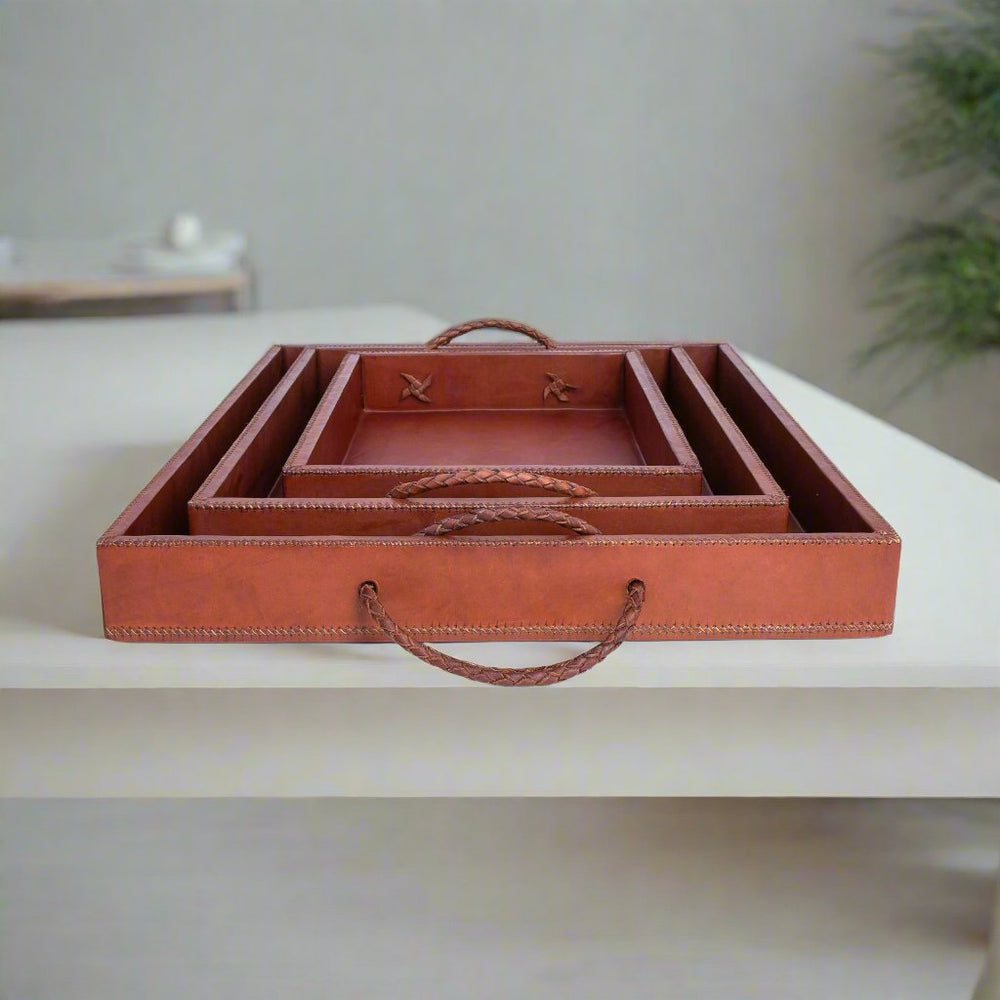 Natural Brown Leather Ottoman Tray Set | Leather Trays | Natural Leather Tray | Ottoman Tray | Serving Tray | Coffee Table Tray | Bar Tray | Leather Chair |Leather Home Goods | Leather Accessories | Leather Furniture | leather accessories | Mens Gifts | Bati Leather Goods