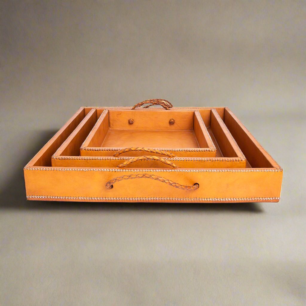 Natural Leather Ottoman Tray Set | Leather Trays | Natural Leather Tray | Ottoman Tray | Serving Tray | Coffee Table Tray | Bar Tray | Leather Chair |Leather Home Goods | Leather Accessories | Leather Furniture | leather accessories | Mens Gifts | Bati Leather Goods