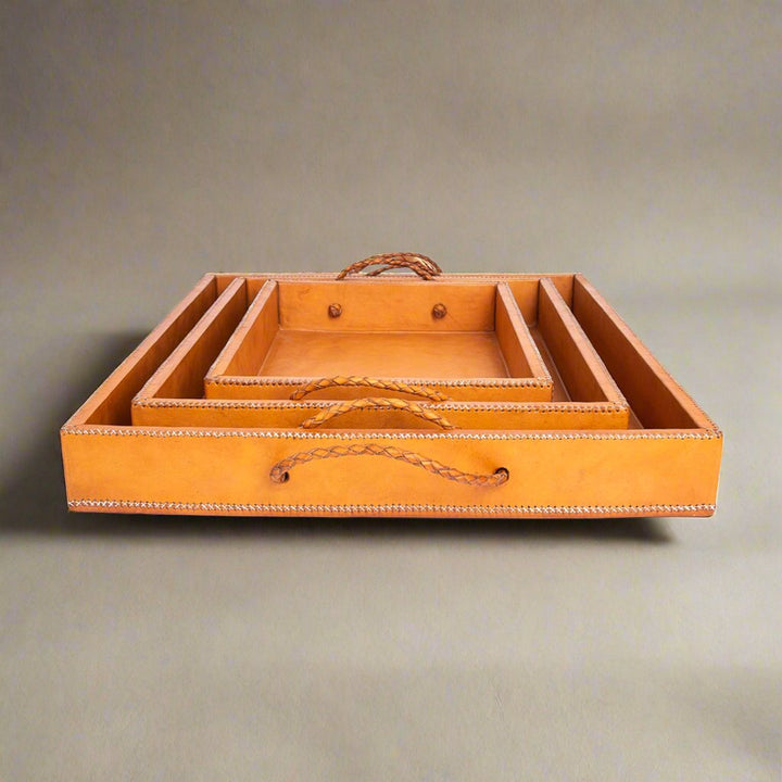 Natural Leather Ottoman Tray Set | Leather Trays | Natural Leather Tray | Ottoman Tray | Serving Tray | Coffee Table Tray | Bar Tray | Leather Chair |Leather Home Goods | Leather Accessories | Leather Furniture | leather accessories | Mens Gifts | Bati Leather Goods