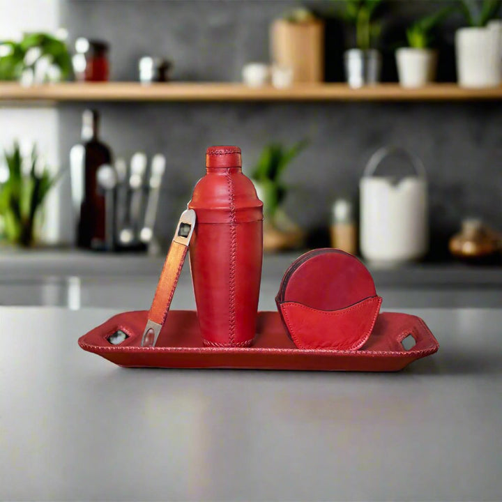 Natural Red Leather Cocktail Shaker Set | Bartender Shaker Set | Leather Cooler | Leather Cooler Bag | Leather Bag | Leather Wine Bag | Leather Caddy | Bartender Accessories | Leather Martini Shaker | Interior Design | Home Decor | Bati Leather Goods