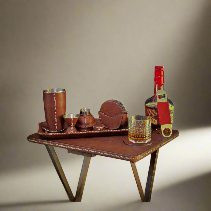Natural Brown Leather Cocktail Shaker | Bar Accessories | Leather Cooler | Leather Furniture | Bar Cart | Mens Gifts | Leather Accessories | Leather Trays | Bati Leather Goods