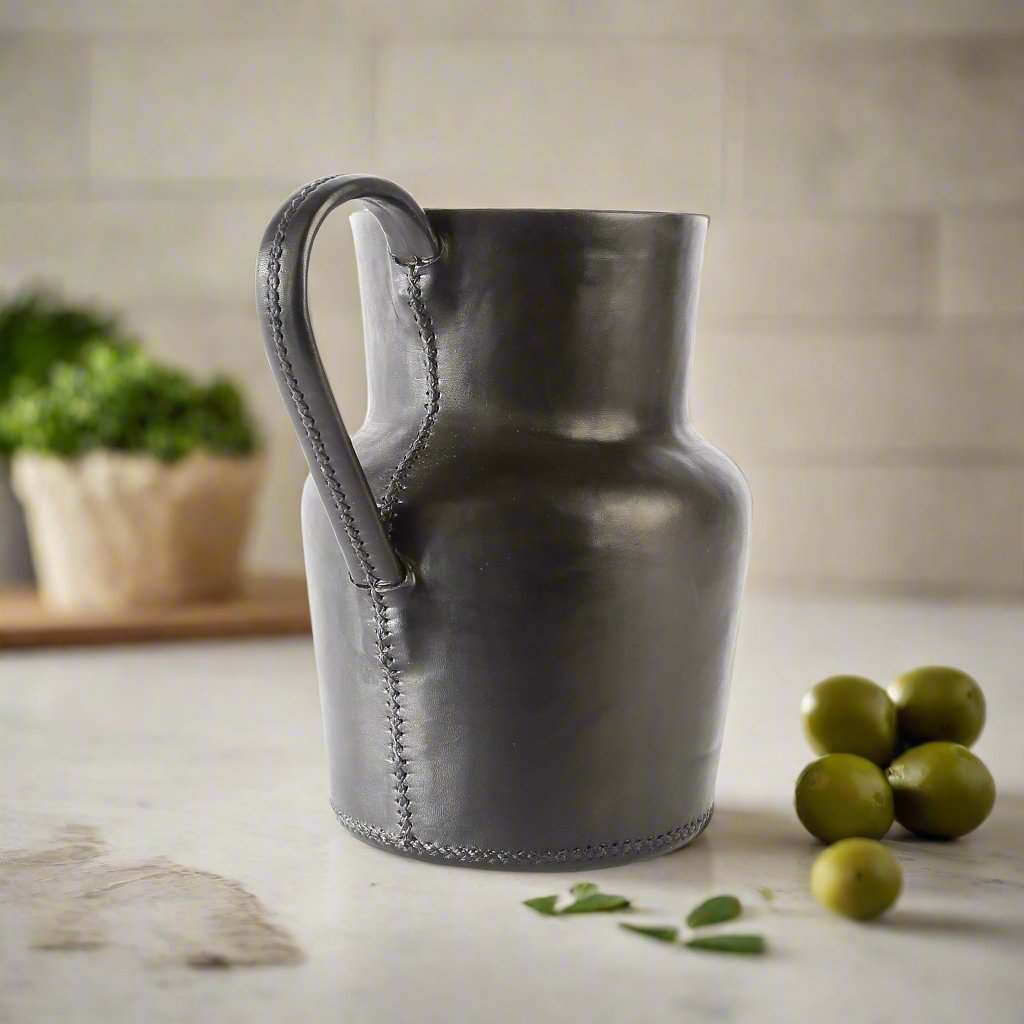 Natural Black Leather Carafe | Leather Pitcher | Leather Vase | Leather Home Goods | Home Goods | Home and Garden | Interior Design | Leather Tablewares | Leather Barwares | Leather Accessories | Bati Leather Goods