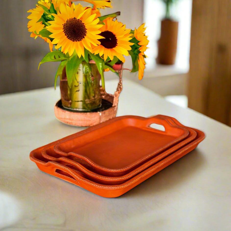 Natural Orange Leather Serving Tray Set of Three | Leather Tray | Leather Valet Tray | Leather Catch All | Coffee Table Tray | Ottoman Tray | Bar Tray | Restaurant Serving Tray | Leather Furniture | Bati Leather Goods