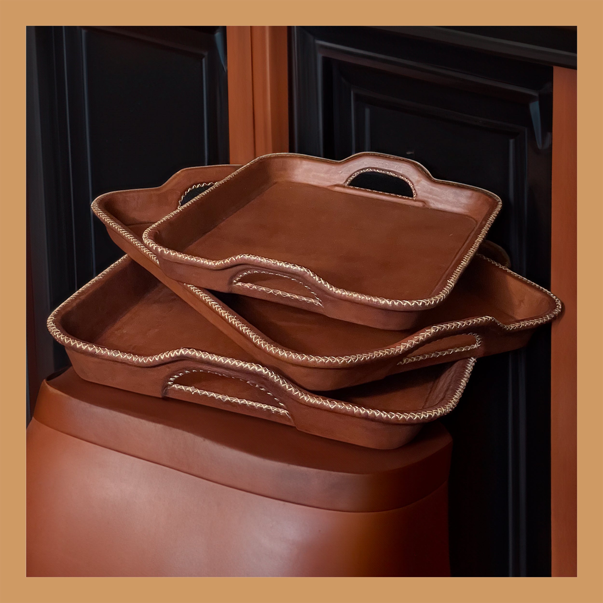 Round Leather Stitched Tray in Cognac and Navy