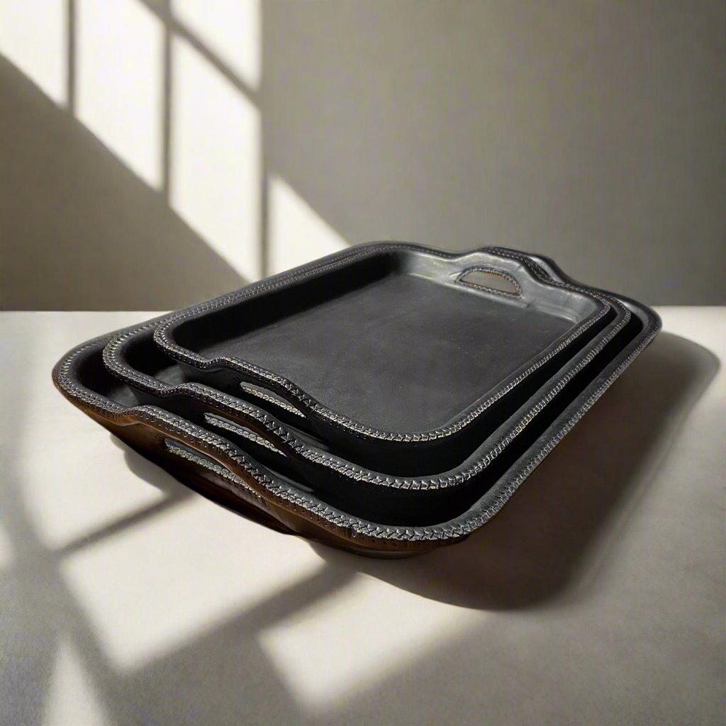 Natural Black Leather Serving Tray Set of Three | Leather Tray | Leather Valet Tray | Leather Catch All | Coffee Table Tray | Ottoman Tray | Bar Tray | Restaurant Serving Tray | Leather Furniture | Bati Leather Goods