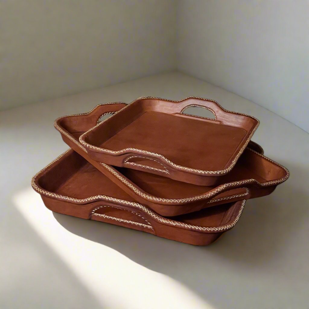 Natural Brown Leather Serving Tray Set of Three | Leather Tray | Leather Valet Tray | Leather Catch All | Coffee Table Tray | Ottoman Tray | Bar Tray | Restaurant Serving Tray | Leather Furniture | Bati Leather Goods