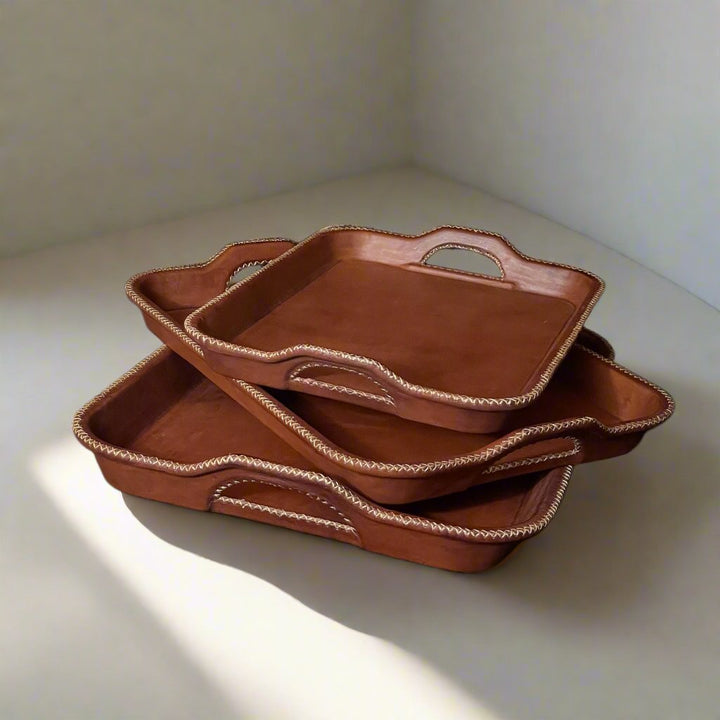Natural Brown Leather Serving Tray Set of Three | Leather Tray | Leather Valet Tray | Leather Catch All | Coffee Table Tray | Ottoman Tray | Bar Tray | Restaurant Serving Tray | Leather Furniture | Bati Leather Goods