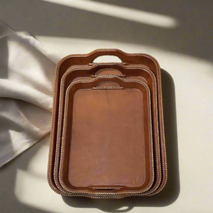 Natural Brown Leather Serving Tray Set of Three | Leather Tray | Leather Valet Tray | Leather Catch All | Coffee Table Tray | Ottoman Tray | Bar Tray | Restaurant Serving Tray | Leather Furniture | Bati Leather Goods