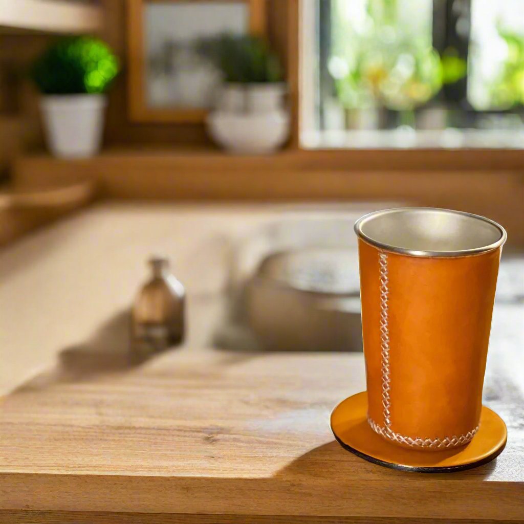 Natural Leather Tumbler Cup | Leather Tumblers | Leather Cup | Leather Bar Cups | Leather Glasses | Leather Drinkware | Leather Bar Accessories | Bati Leather Goods