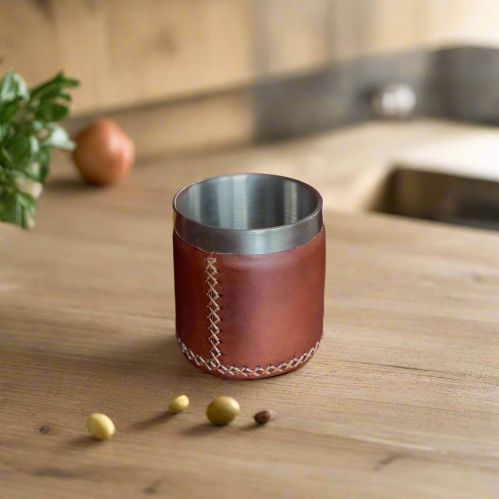 Brown Leather Whiskey Cup | Leather Tumbler | Whiskey Tumbler | Leather Cups | Leather Glass | Bar Accessories | Bartender Accessories | Cocktail Shaker | Leather Tray | Bati Leather Goods
