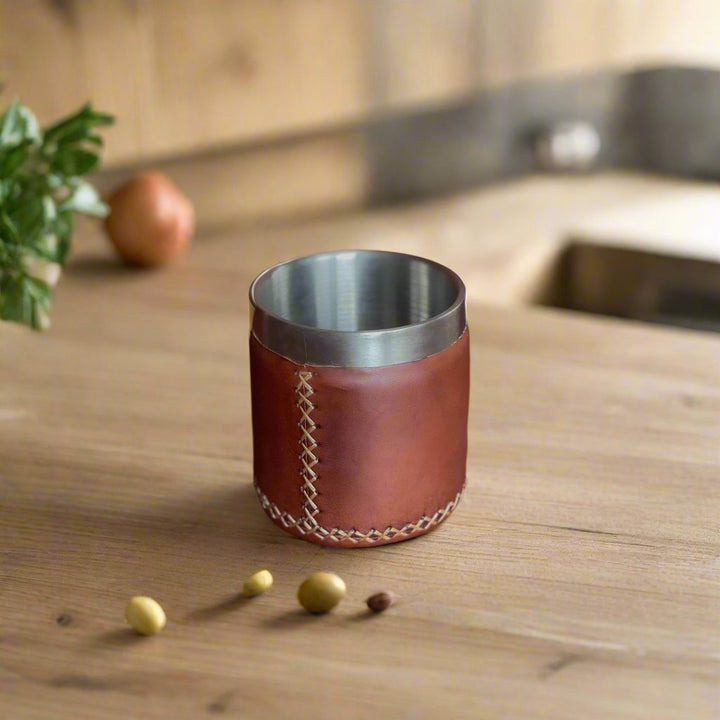 Brown Leather Whiskey Cup | Leather Tumbler | Whiskey Tumbler | Leather Cups | Leather Glass | Bar Accessories | Bartender Accessories | Cocktail Shaker | Leather Tray | Bati Leather Goods