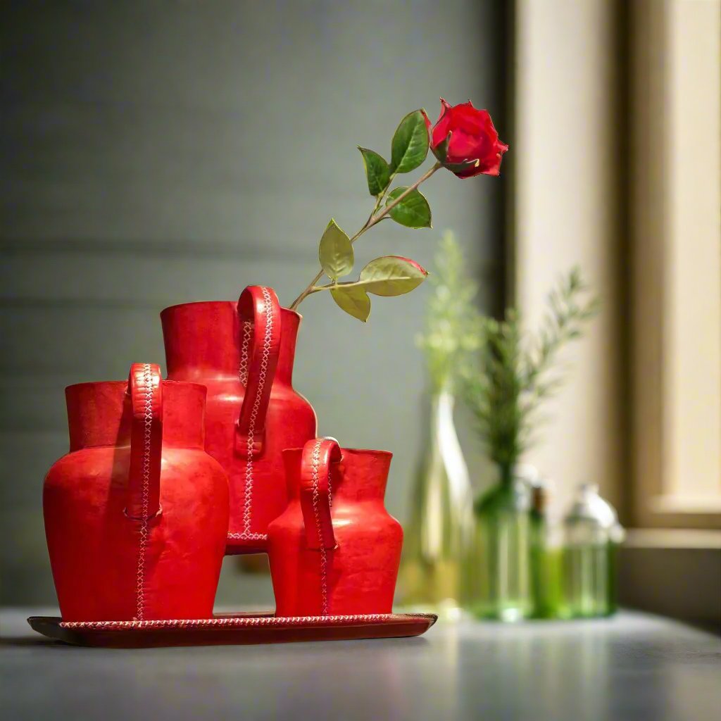 Red Natural Leather Carafe | Leather Pitcher | Leather Vase | Leather Home Goods | Home Goods | Home and Garden | Interior Design | Leather Tablewares | Leather Barwares | Leather Accessories | Bati Leather Goods