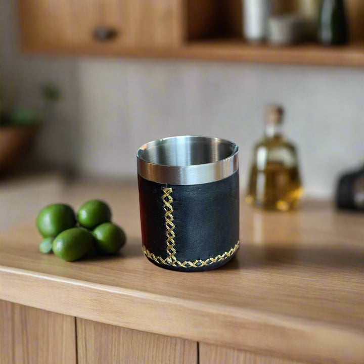 Black Leather Whiskey Cup | Leather Tumbler  | Whiskey Tumbler  |  Leather Cups  |  Leather Glass  |  Bar Accessories  |  Bartender Accessories  | Cocktail Shaker  |  Leather Tray  |  Bati Leather Goods