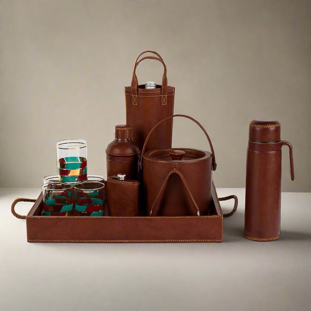 Natural Brown Leather Cocktail Shaker Set | Bartender Shaker Set | Leather Cooler | Leather Cooler Bag | Leather Bag | Leather Wine Bag | Leather Caddy | Bartender Accessories | Leather Martini Shaker | Interior Design | Home Decor | Bati Leather Goods