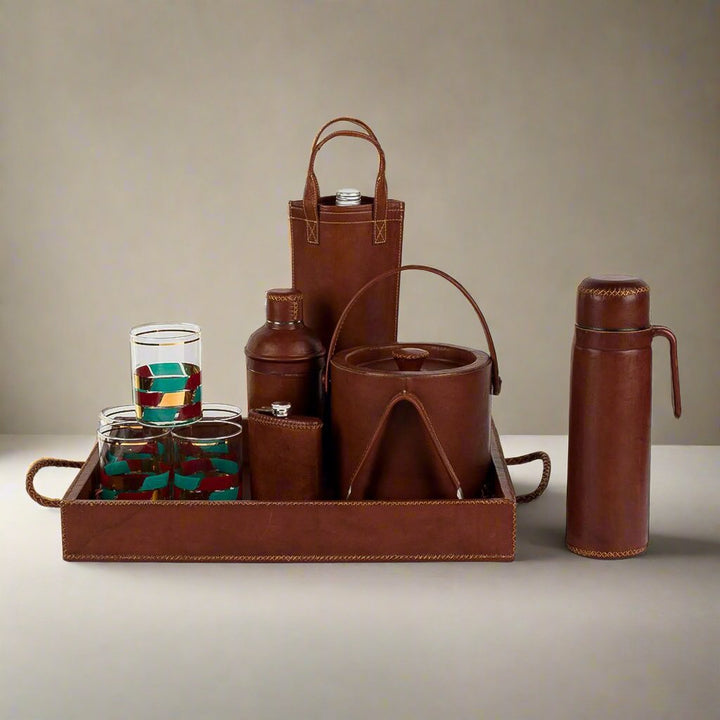 Natural Brown Leather Cocktail Shaker Set | Bartender Shaker Set | Leather Cooler | Leather Cooler Bag | Leather Bag | Leather Wine Bag | Leather Caddy | Bartender Accessories | Leather Martini Shaker | Interior Design | Home Decor | Bati Leather Goods
