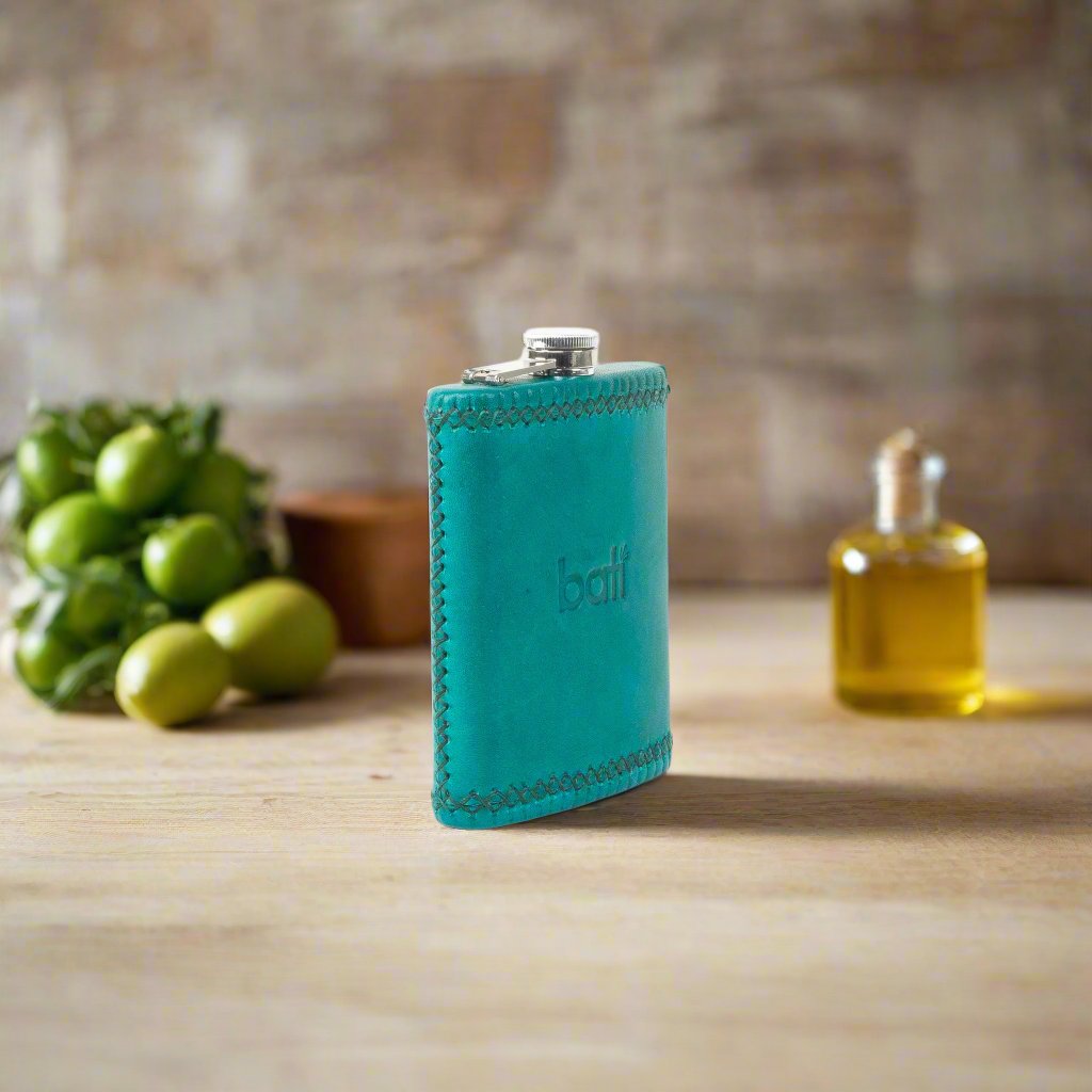Natural Teal Leather Flask | Mens Gifts | Leather Flasks | Leather Cup | Leather Tumbler | Leather Drink Holder | Bartender Accessories | Best Flask | Best Leather Flask | Bar Accessories | Cocktail Shaker | Leather furniture | Bati Goods