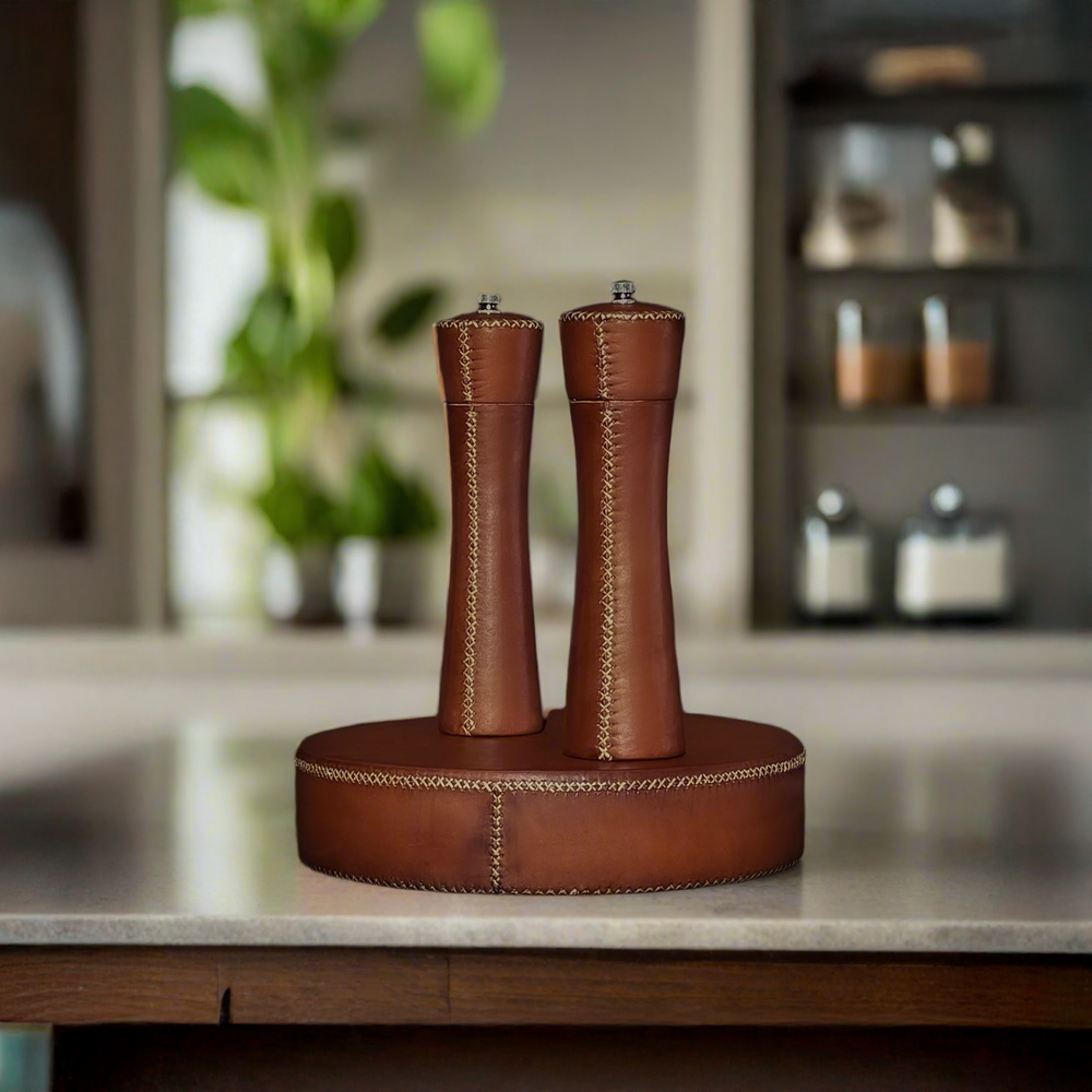 Brown Natural Leather Salt and Pepper Mills | Leather Accessories | Leather Home Goods | Home Decor | Interior Design | Salt and Pepper Shakers | Leather Salt and Pepper Shakers | Leather Spice Mill | Leather Salt Shaker