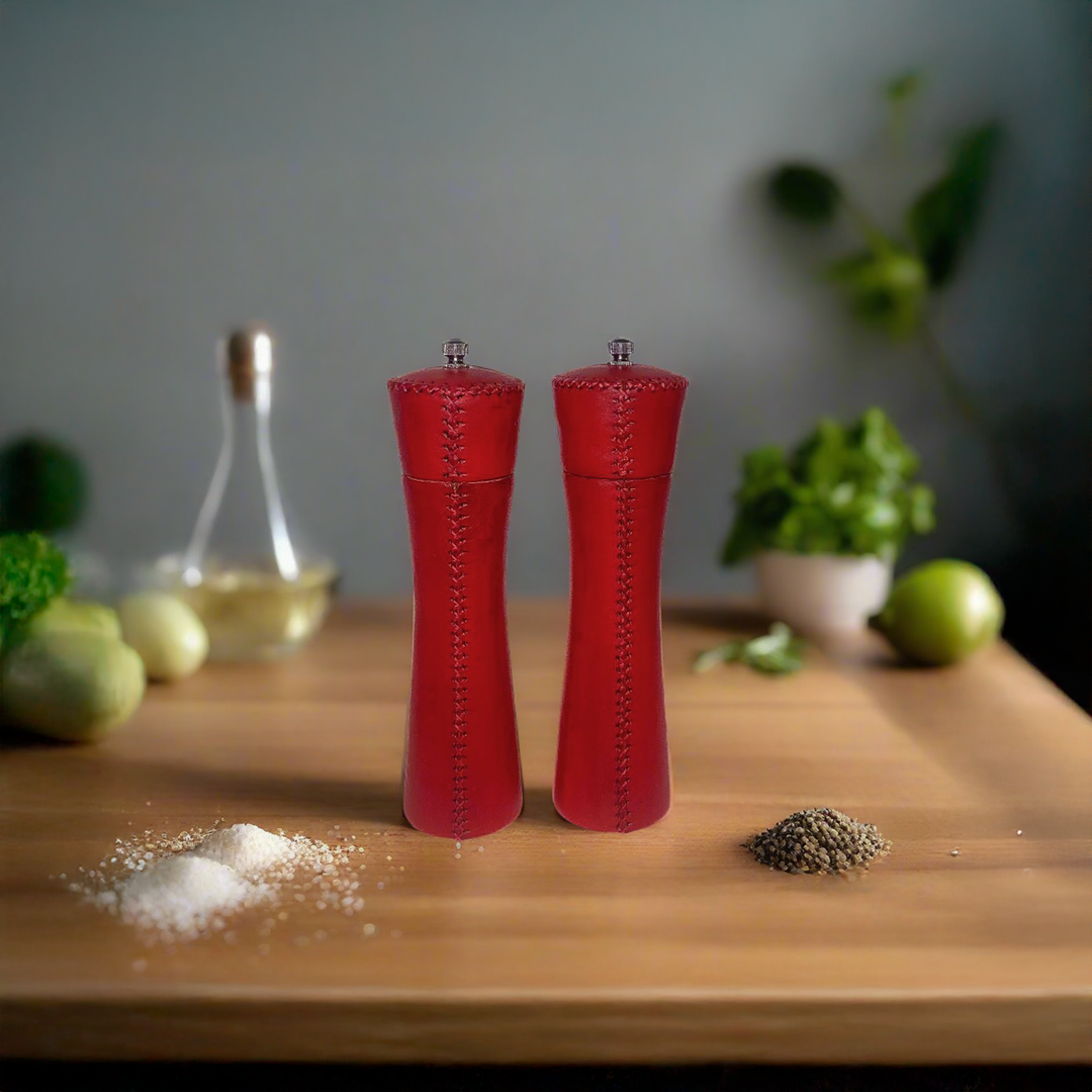 Red Natural Leather Salt and Pepper Mills | Leather Accessories | Leather Home Goods | Home Decor | Interior Design | Salt and Pepper Shakers | Leather Salt and Pepper Shakers | Leather Spice Mill | Leather Salt Shaker