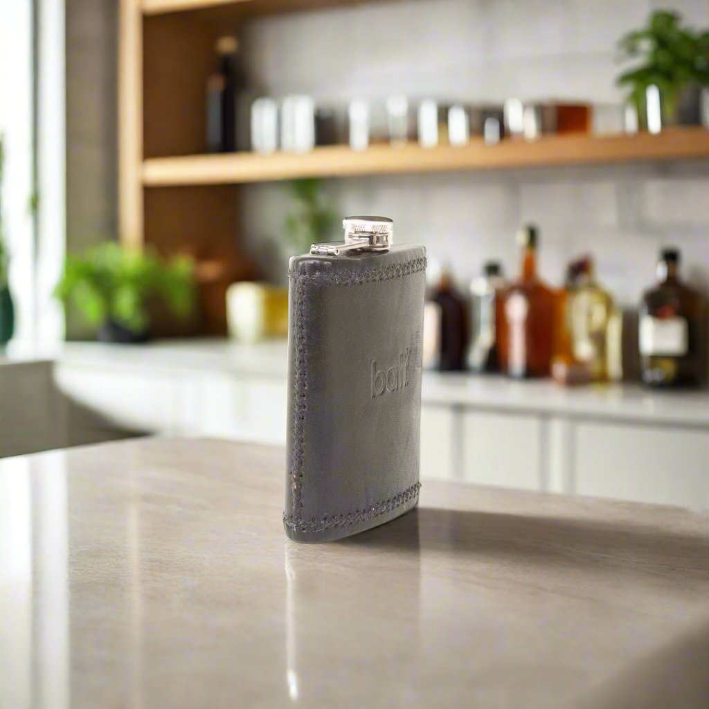 Natural Black Leather Flask | Mens Gifts | Leather Flasks | Leather Cup | Leather Tumbler | Leather Drink Holder | Bartender Accessories | Best Flask | Best Leather Flask | Bar Accessories | Cocktail Shaker | Leather furniture | Bati Goods