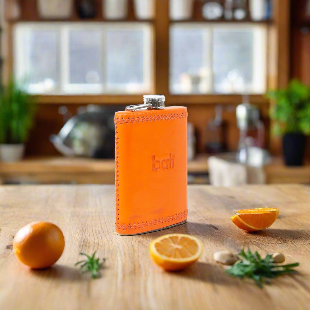 Natural Orange Leather Flask | Mens Gifts | Leather Flasks | Leather Cup | Leather Tumbler | Leather Drink Holder | Bartender Accessories | Best Flask | Best Leather Flask | Bar Accessories | Cocktail Shaker | Leather furniture | Bati Goods