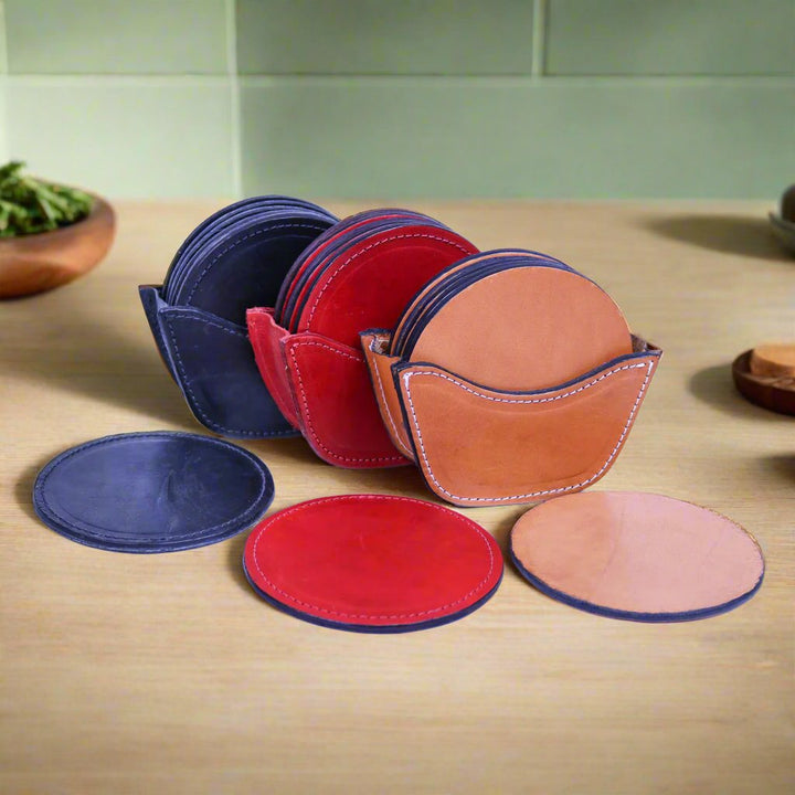 Natural Leather Coaster Set | Leather Coasters | Bartender Accessories | Leather Cocktail Shaker | Cocktail Shaker | Wine Bag | Wine Bucket | Ice Bucket | Leather Accessories | Martini Shaker | Bati Leather Goods